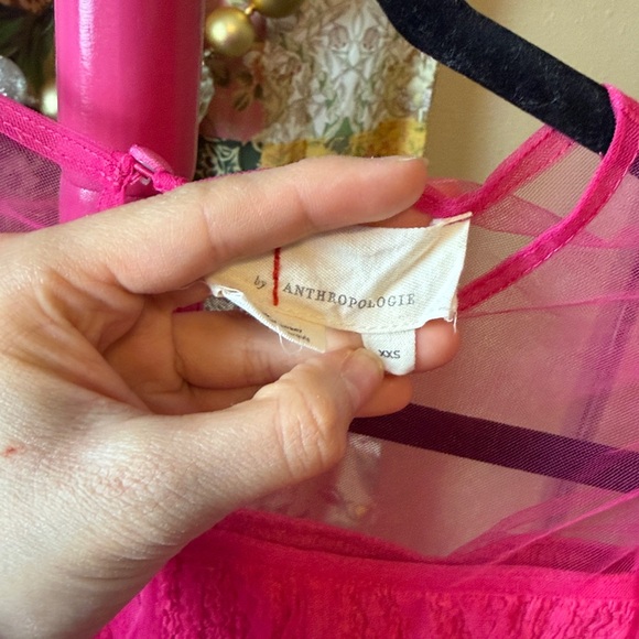 Anthropologie Hot Pink Tulle Puff Sleeve Top XXS Barbie Pink Stretchy - Picture 6 of 10